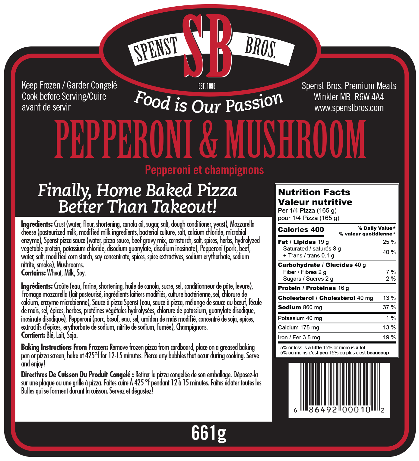 Pepperoni and Mushroom Pizza Spenst Bros. Premium Meats
