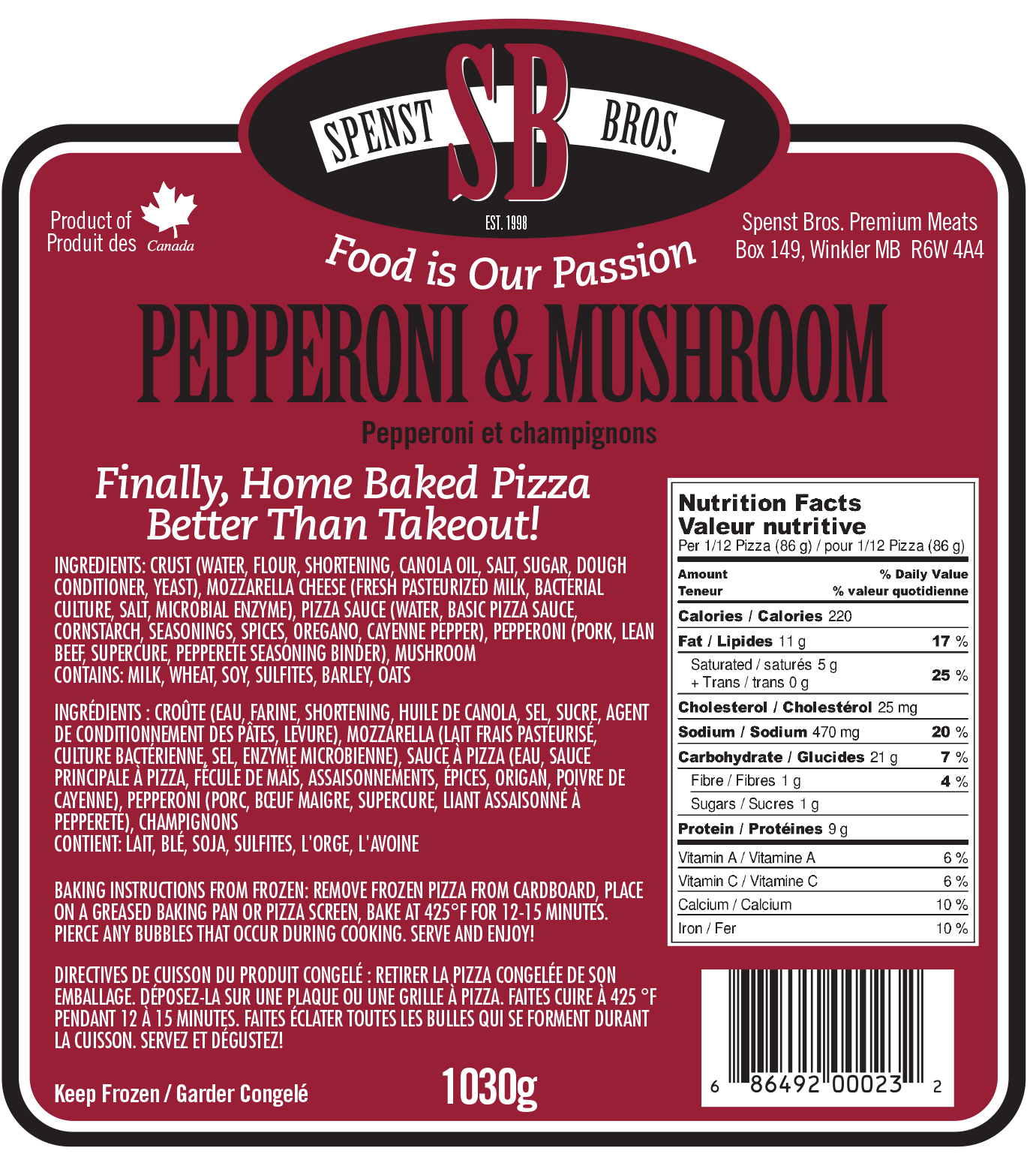 Pepperoni and Mushroom Pizza Spenst Bros. Premium Meats
